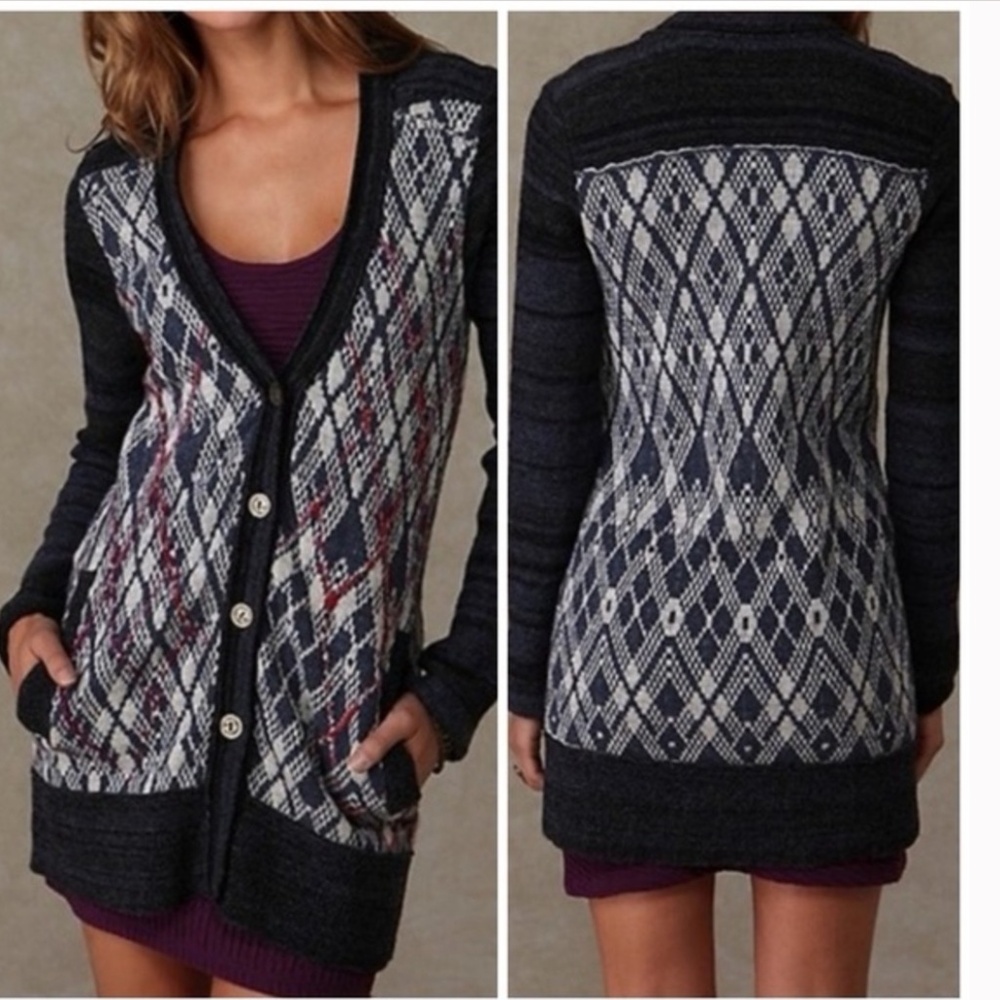 Free People Foxtrot Argyle Wool Blend Cardigan Grandpa Grunge Sweater XS British